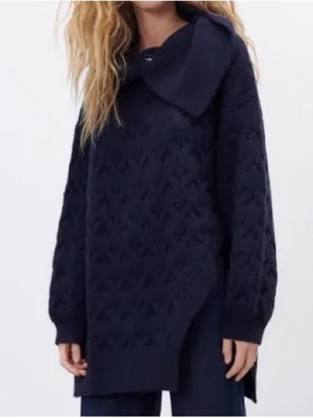 Zara Navy Cable-Knit Oversized Sweater with Asymmetric Collar